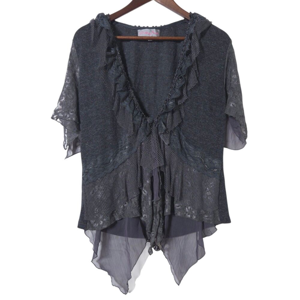 Pretty Angel Black Lace Mesh Ruffle Lagenlook Cardigan Top L Gothic Romantic